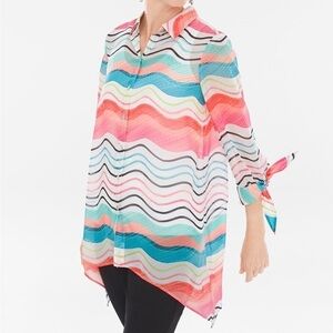 Chicos women’s watercolor striped tie sleeve shirt shrimp bold long length 12